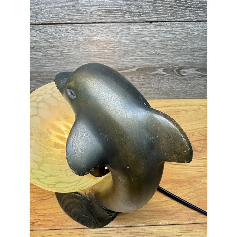 Vtg Art Deco Dolphin TV Lamp Figural Metal Bronze Tone Satin Glass Globe Light